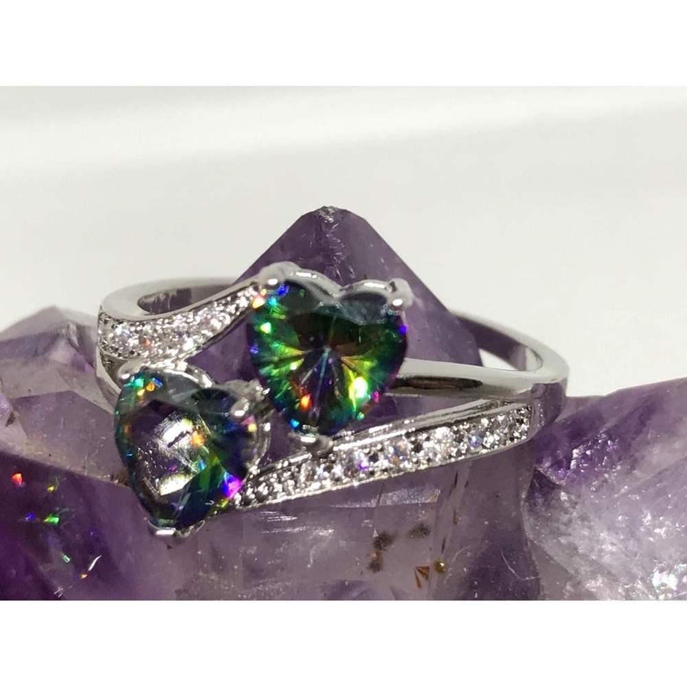 Mystic Topaz Heart Ring 925 Sterling Silver Rainbow Bypass CZ Accents Size 7